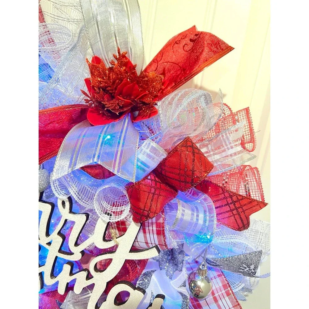 Christmas Poinsettia Holiday Ribbon Door Wreath Handmade 22 ins LED W15